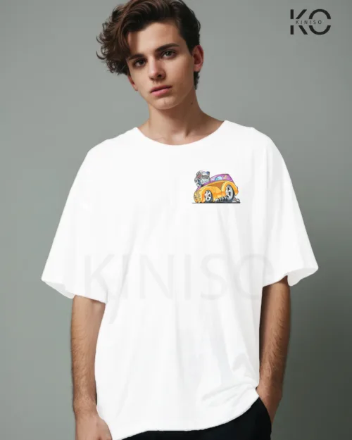 Image of White color drop shoulder t-shirt with Racing Car Engine Print for men at reasonable price